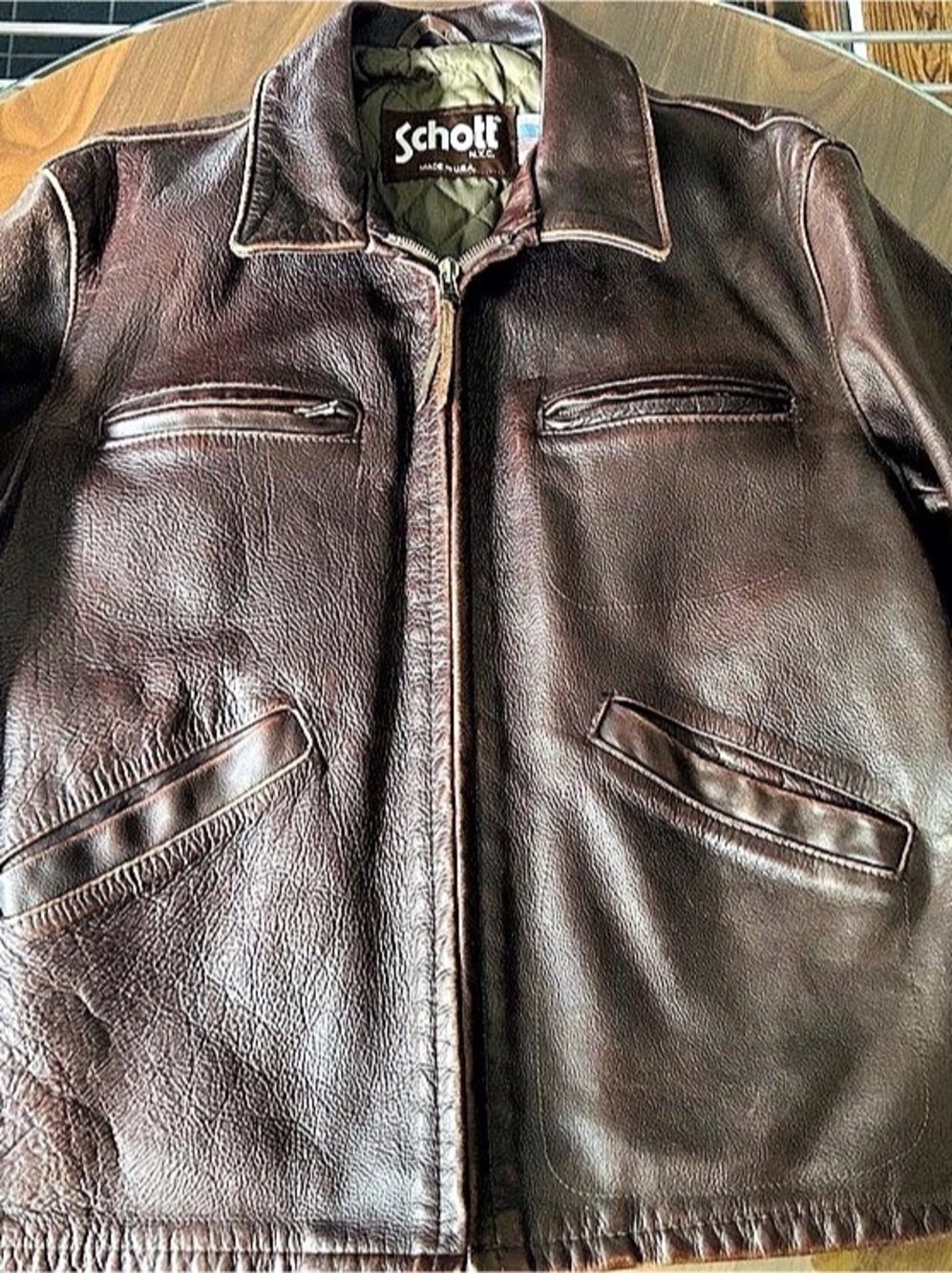 Schott NYC Leather Cafe Racer Jacket Leather Jacket Brown Size 42
